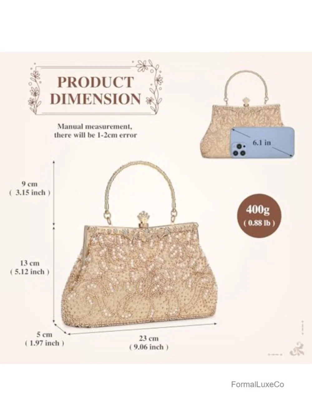 Vintage Beaded Clutch Evening Bag with Chain Formal Wedding Prom Party